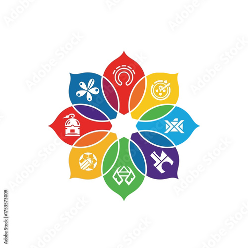 Vibrant cultural icons in a colorful flower formation representing global unity and diversity, perfect for celebrating multiculturalism and international cooperation