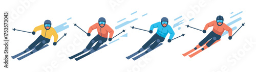 Four stylized figures of skiers in motion, wearing winter gear and racing downhill with ski poles, depicted in dynamic blue and orange tones.