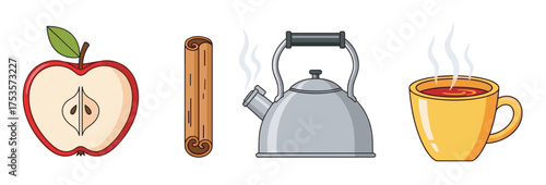 Stylized illustration of a sliced apple, cinnamon stick, steaming kettle, and cup of hot tea, representing a warm beverage concept.