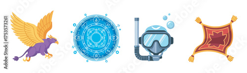 Stylized icons featuring a majestic winged griffin, a mystical blue magic circle, diving gear with a snorkel and goggles, and a decorative flying carpet.