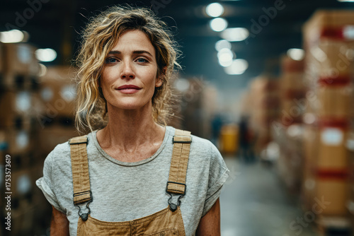 Confident woman in workwear standing in warehouse with boxes around