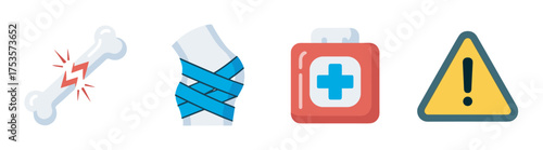 A set of four colorful medical icons depicting a broken bone with red pain lines, a bandaged elbow, a first aid kit, and a warning triangle with an exclamation mark.