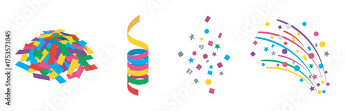 Festive party elements including colorful confetti pile, spiral streamer, assorted festive shapes, and dynamic shooting stars.