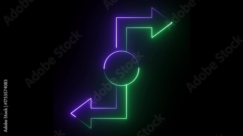 This dynamic red neon art piece features a central circle with arrows pointing in opposite directions, creating a sense of movement and energy.