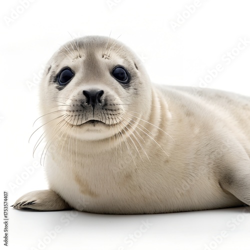 Cute harbor seal pup isolated on white background looking at the camera