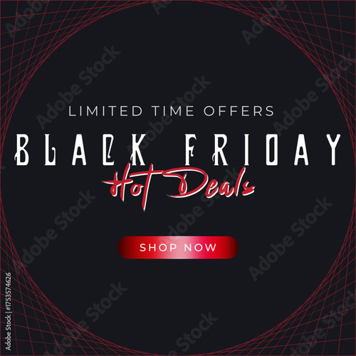Limited time offer promotional banner with a central red button on a black geometric background. Red and white circular pattern and grid design for Black Friday or flash sale advertising.
