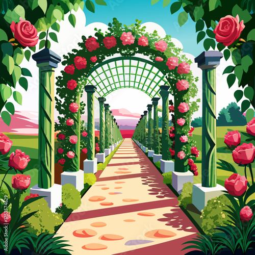 Beautifully illustrated serene garden walkway lined with blooming roses creating a picturesque and inviting natural landscape scene on a clean white background