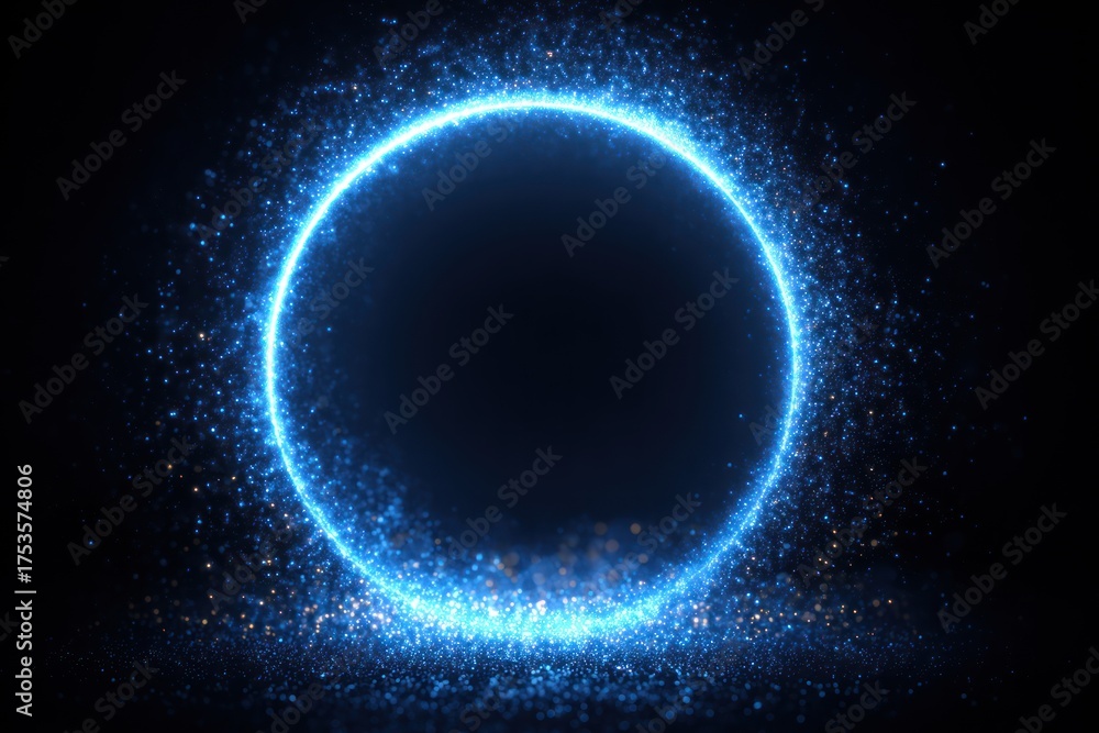 Fototapeta premium Bright Electric Blue Neon Circular Frame Of Light And Particles With Cosmic Glow, Offering Ample Copyspace For Banners And Headers, Ideal For Technology, Science