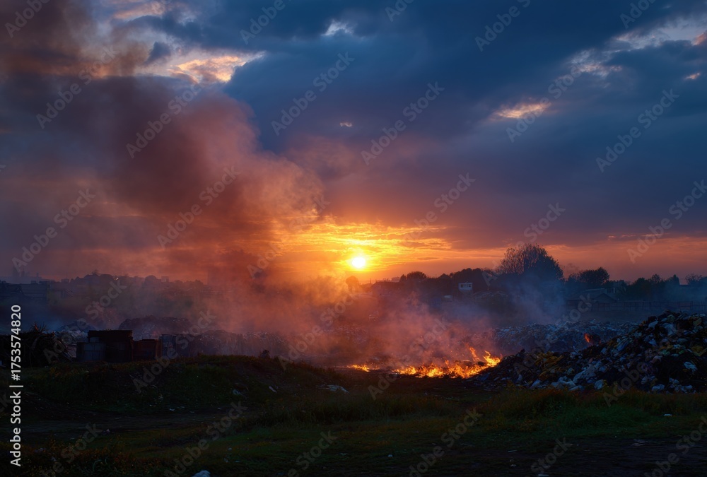Obraz premium Thick smoke and flames rising from a fire at a sprawling landfill waste dump at sunset