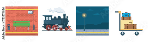 Vector-style illustrations of a park bench at a brick wall, a vintage steam locomotive, a streetlamp on a nighttime sidewalk, and a luggage cart with suitcases.
