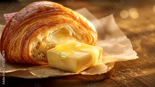 Golden perfection croissant with melted butter on rustic wooden breakfast setup