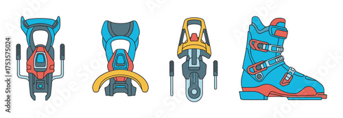 Set of colorful ski bindings and a ski boot in various positions, showcasing detailed design and fastening features.