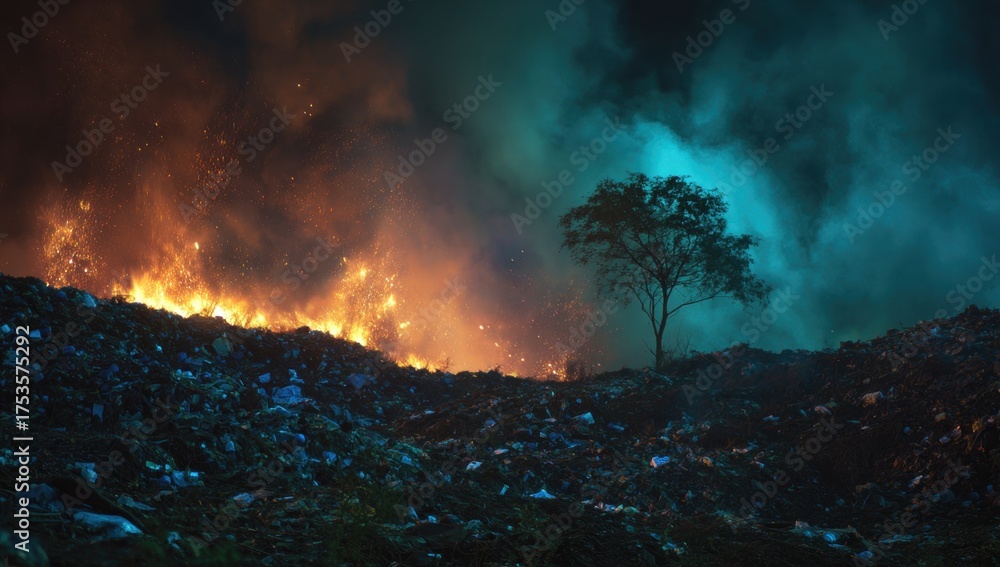 Fototapeta premium Toxic fumes billow as fire spreads across a large landfill waste dump