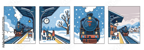 Comic-style depiction of a vintage blue steam train arriving at a snowy station, with people waiting and the landscape blanketed in snow.