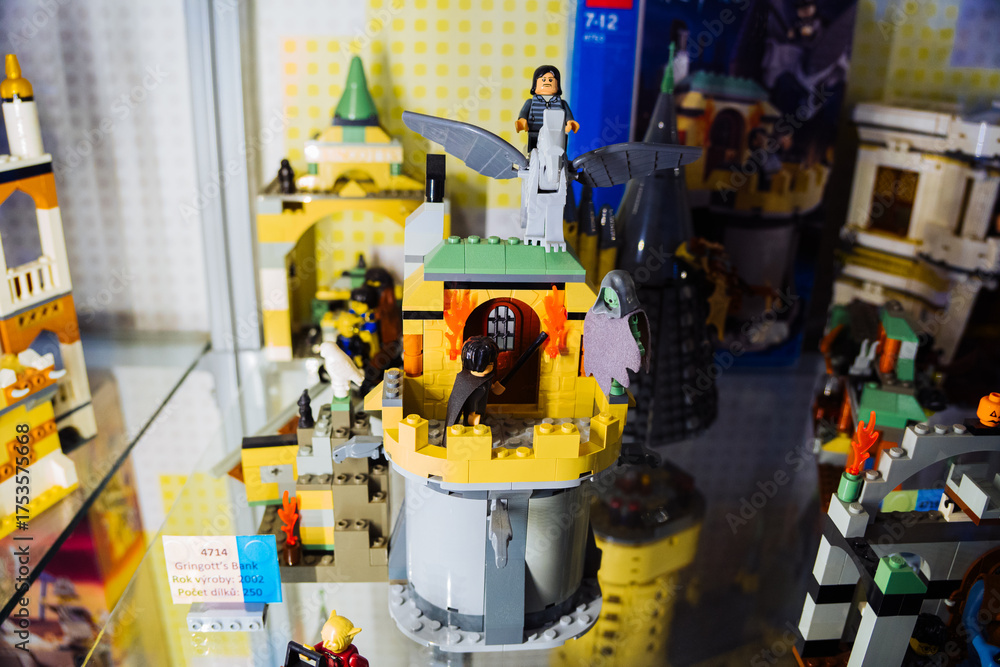 Obraz premium Prague, Czechia - September 20, 2025: LEGO Harry Potter Gringotts Wizarding Bank collectible playset display
