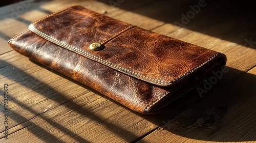 Elegant Leather Wallet on Wooden Surface with Sunlight Striking Through Slats