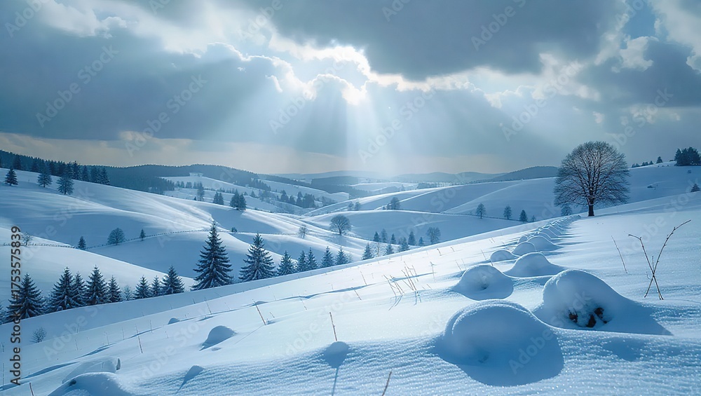 Obraz premium Sun Rays Breaking Through Clouds Over a Snowy Winter Landscape.