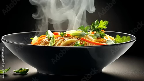 Steaming Asian Noodle Delight: A Mouthwatering Close-Up of Freshly Prepared Dish