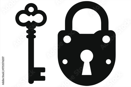 Minimalist key and lock icon set. A black and white vector silhouette of a vintage key and padlock, representing security, privacy, access, and protection. Isolated on white