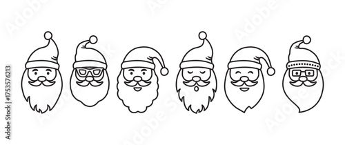 Santa Claus face line icon. Christmas character head with beard, winter Santa hat and sunglasses. New Year snowman outline design, funny Xmas old Nicolas set isolated on white bg. Vector illustration