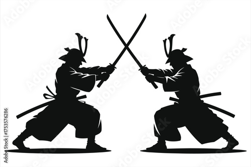 Epic Samurai duel silhouette. Japanese kendo warriors in a sword fight. Bushido code of honor. Martial arts battle. Vector illustration isolated on white