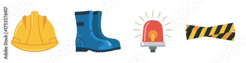 Yellow construction helmet, blue safety boots, red alert siren, and striped caution tape representing safety equipment and warning signals.