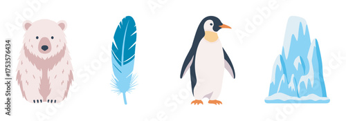 Cartoon-style representations of a bear, a blue feather, a penguin, and a snow-covered mountain peak in a simplified and colorful design.