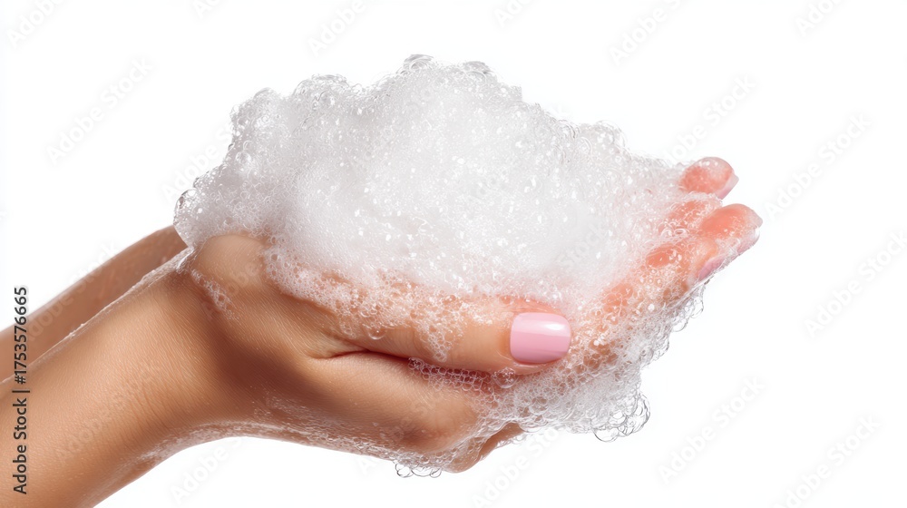 Fototapeta premium Woman washing hands with soap foam for hygiene and health promoting cleanliness and wellness on pure white background