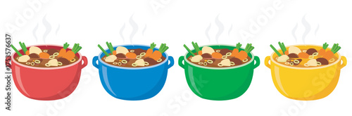 Four colorful pots filled with a steaming vegetable soup, featuring carrots, peas, and noodles, arranged in a row to showcase a lively food presentation.