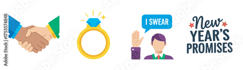 Colorful cartoon illustrations depicting a handshake agreement, a diamond ring symbolizing engagement, a person taking an oath, and the phrase "new year's promises.