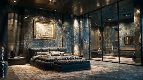 Sophisticated Bedroom Suite with Marble Accents and Contemporary Design Aesthetic