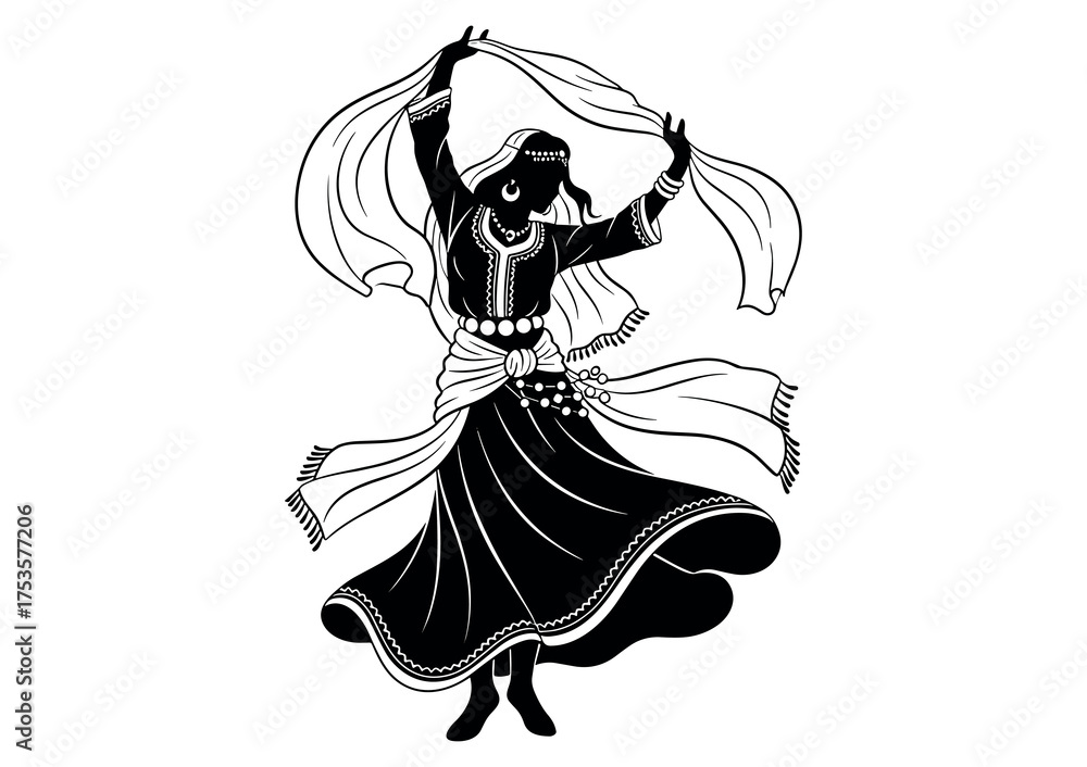 Obraz premium Silhouette of an Arabic dancer raising scarf in traditional outfit, black and white vector illustration