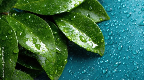 Close-up of lush green leaves with dew droplets, capturing the essence of freshness and vitality in nature's beauty while evoking feelings of rejuvenation and serenity.