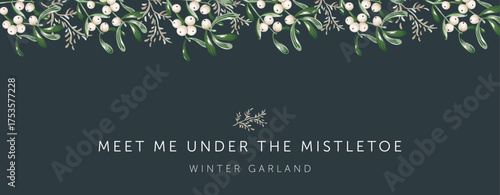 Christmas banner, text, black background. Mistletoe twigs with white berries. Winter nature design. Vector illustration. Greeting border template. Xmas forest