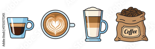 Simple outlines of a coffee cup, a cappuccino with art, a latte glass, and a sack of coffee beans.