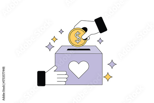 Vector art of a hand is putting a coin into a donation box with a heart charity and support concept illustration