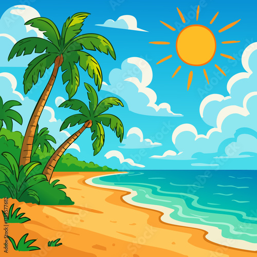 Charming cartoon illustration of a beautiful tropical beach landscape with sandy shores lush palm trees and a bright shining sun on a clear day