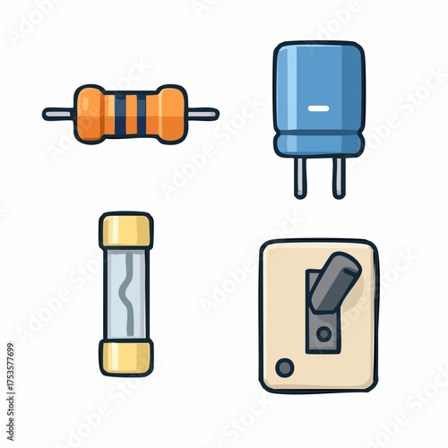 Flat design vector icon set showcasing essential electrical components like resistors capacitors and fuses for technology and engineering concepts