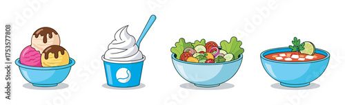 Colorful ice cream scoops in a bowl beside a swirl of frozen yogurt, a fresh salad, and a vibrant bowl of soup, each in separate blue bowls.