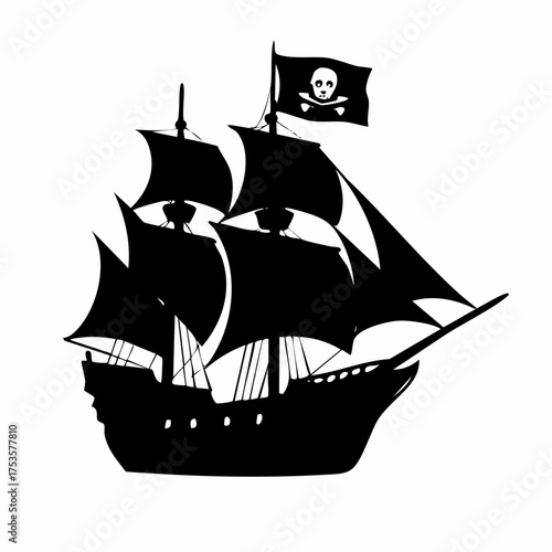 Minimalist silhouette of a pirate ship with full sails and jolly roger flag isolated on a clean white background evoking adventure and seafaring