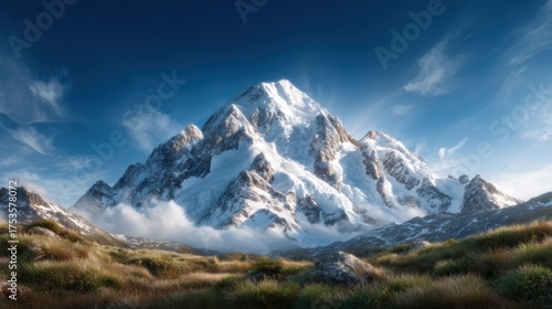 Wallpaper Mural A breathtaking view of a majestic snow-capped mountain surrounded by lush greenery and soft clouds under a clear blue sky, symbolizing tranquility and the grandeur of nature. Torontodigital.ca