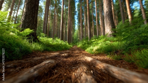 A tranquil forest pathway lined with tall trees and lush greenery, inviting explorers to discover nature’s beauty and enjoy a moment of peaceful solitude.