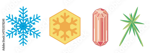 Four distinct geometric figures including a blue snowflake, yellow hexagonal shape, pink cylindrical crystal, and green star-like form.