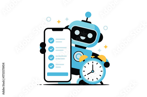 Vector art of a robot is holding a smartphone with a checklist and an alarm clock, it is managing tasks and time effectively