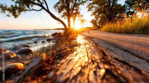 The serene shoreline is illuminated by a golden sunset, alongside a winding road bordered by lush trees, evoking tranquility and the beauty of nature at dusk.