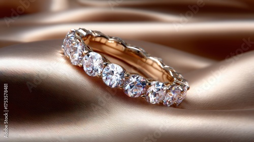 An exquisite diamond ring is elegantly displayed on luxurious satin fabric, highlighting its brilliance and allure, perfect for showcasing fine jewelry in captivating detail.