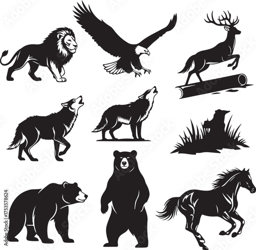 Monochrome Wildlife Silhouette Collection A Diverse Array of Powerful and Graceful Animals in Striking Vector Art