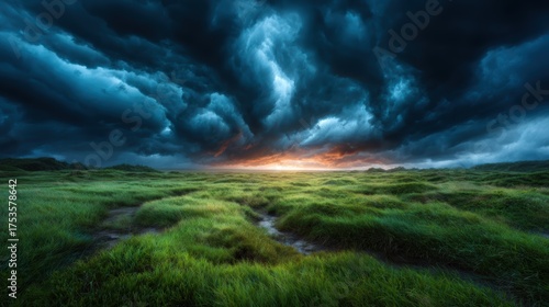 A stunning view of a lush green field beneath a dramatic sky filled with swirling clouds as a vibrant sunset unfolds near the horizon, showcasing nature's beauty.