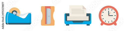 Four colorful office and stationery items arranged in a row, featuring a tape dispenser, pencil sharpener, paper stack holder, and an analog clock.
