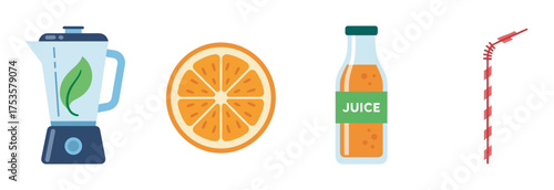 A colorful set of four kitchen and food-related icons, showcasing a blender with a leafy design, a sliced orange, a labeled juice bottle, and a red-striped straw.